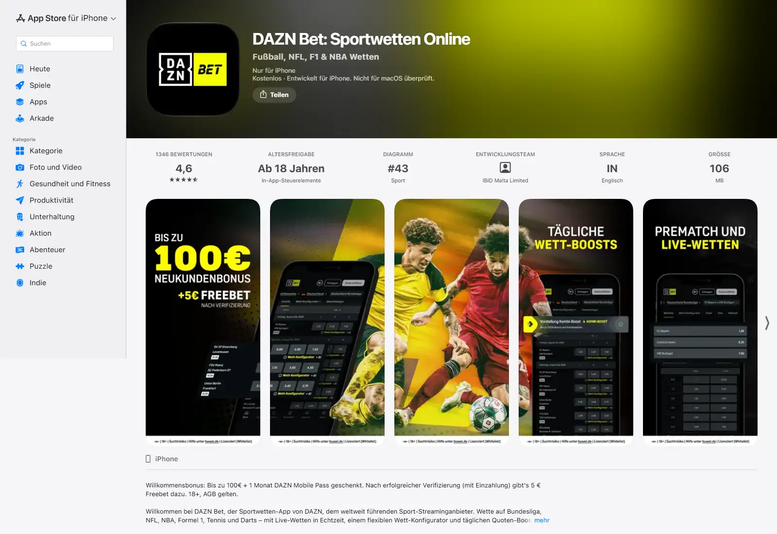 Deutscher App-Store-Eintrag von DAZN Bet mit App-Namen und iPhone-Vorschau.