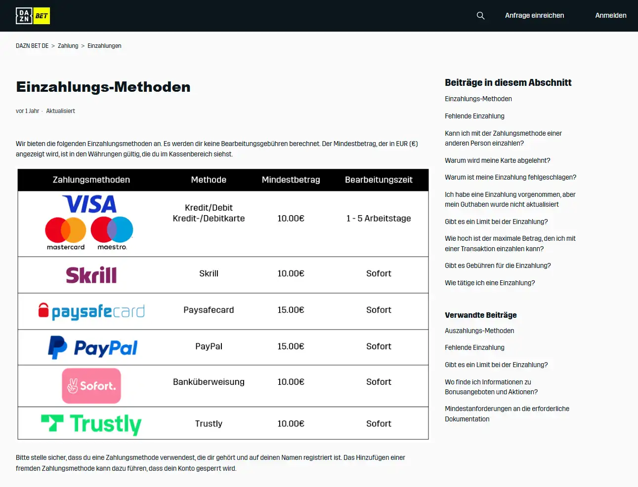 Deutsche Hilfeseite von DAZN Bet mit Überschrift zu Einzahlungsmethoden und einer Methodenübersicht.