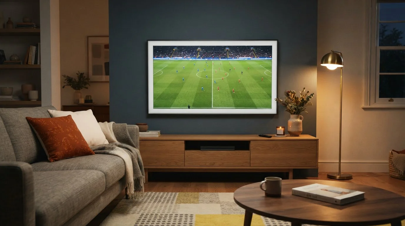 Ein Fernsehgerät im hellen Wohnzimmer zeigt ein Fußballfeld aus der Vogelperspektive.