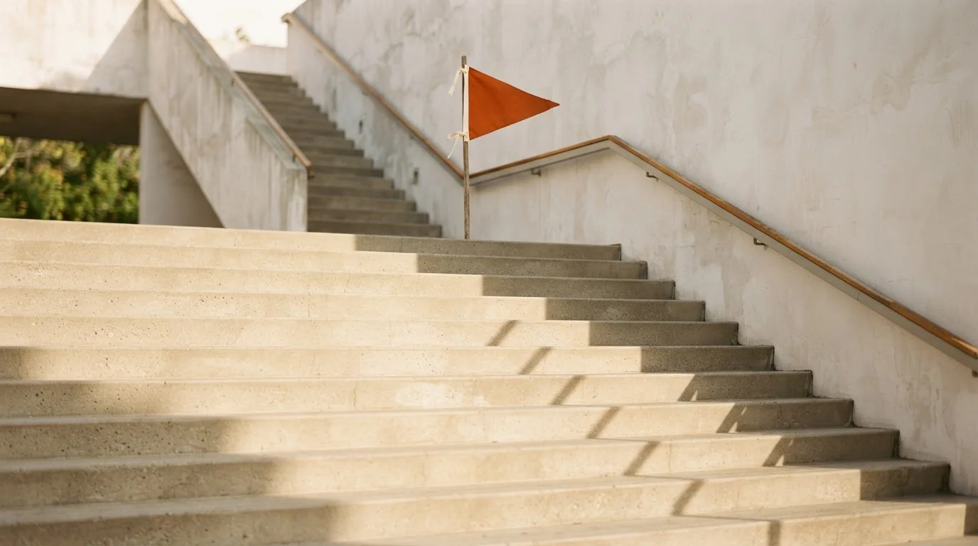 Eine schlichte Treppe führt zu einer kleinen Fahne auf der obersten Stufe.