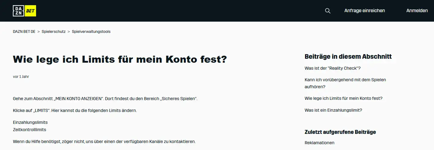 Hilfeseite von DAZN Bet mit Überschrift zur Einrichtung von Einzahlungslimits im Konto.