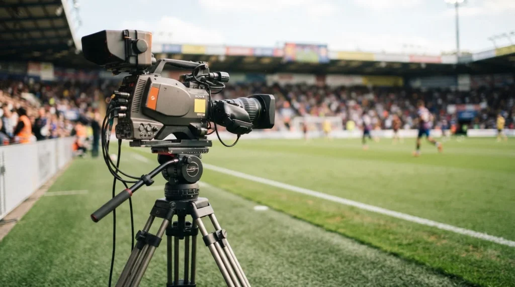 Fernsehkamera auf einem Stativ unmittelbar am Rand eines Fußballfelds.