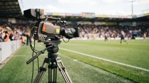 Fernsehkamera auf einem Stativ unmittelbar am Rand eines Fußballfelds.