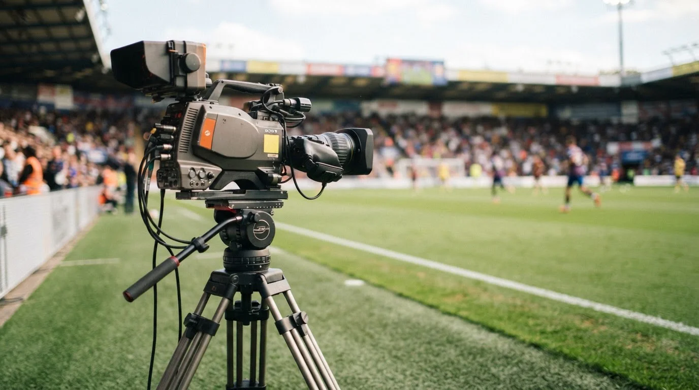 Fernsehkamera auf einem Stativ unmittelbar am Rand eines Fußballfelds.