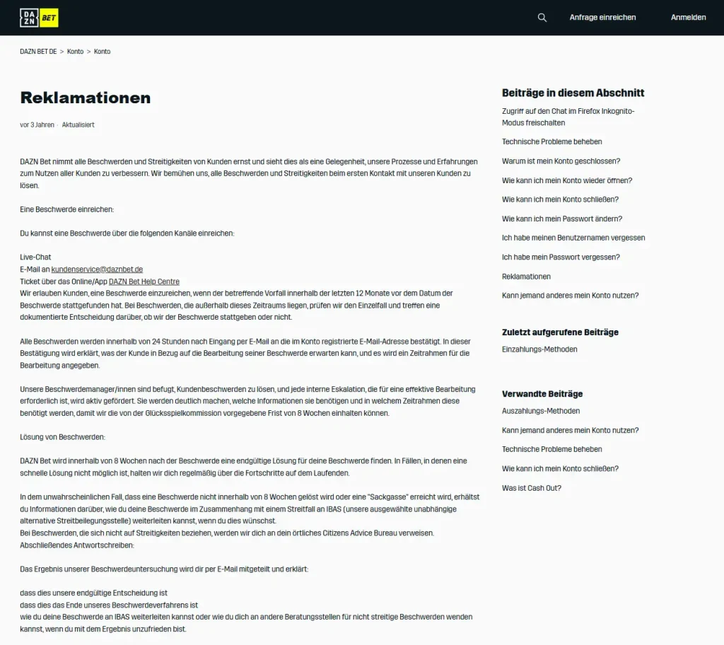 DAZN Bet Hilfeseite mit Überschrift zu Reklamationen und einem Textbereich zur Beschwerde.