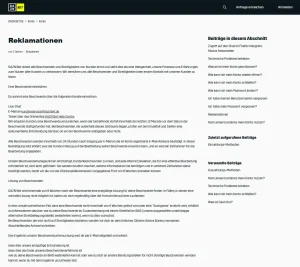 DAZN Bet Hilfeseite mit Überschrift zu Reklamationen und einem Textbereich zur Beschwerde.