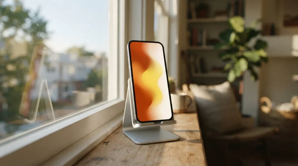Smartphone auf einer Ladestation an einem hellen Fenster.