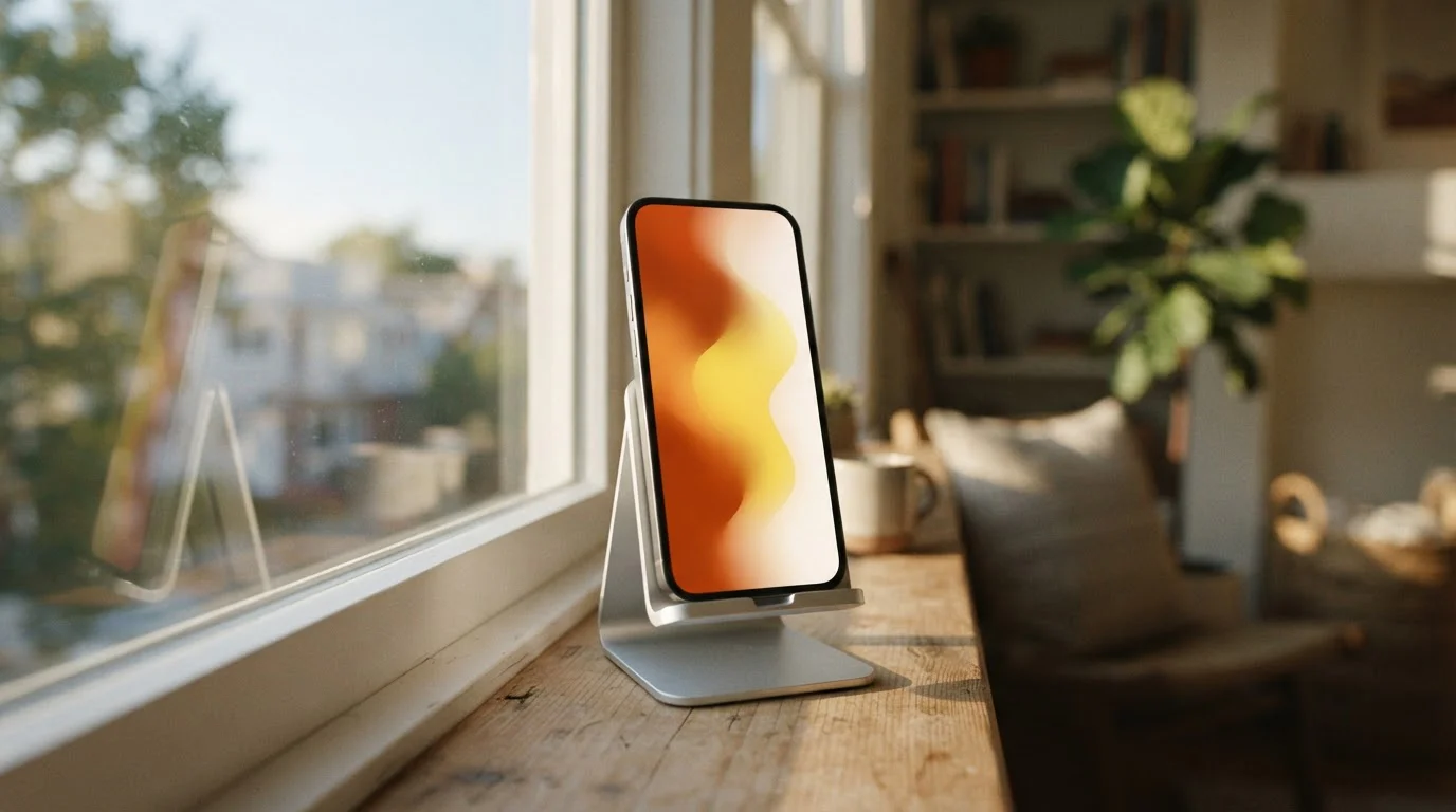 Smartphone auf einer Ladestation an einem hellen Fenster.