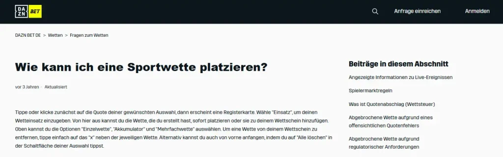 Deutsche DAZN Bet Hilfeseite mit Erklärung zur Auswahl im Wettschein.
